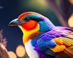 3d render of a colorful bird on a background of nature. photo