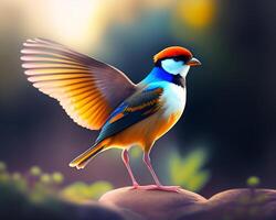 3d render of a colorful bird on a background of nature. photo