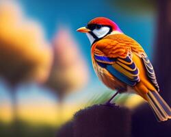 3d render of a colorful bird on a background of nature. photo