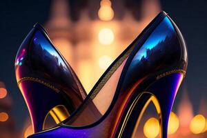 Black high heel shoes against the backdrop of the night city. 3D rendering. photo