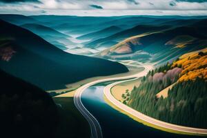 Aerial view of a winding road in the mountains. 3d rendering. photo