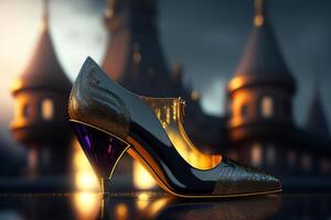 Black high heel shoes against the backdrop of the night city. 3D rendering. photo