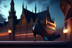 Black high heel shoes against the backdrop of the night city. 3D rendering. photo