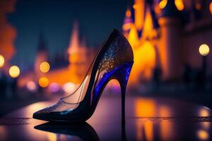 Black high heel shoes against the backdrop of the night city. 3D rendering. photo