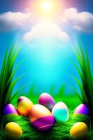 Colorful easter eggs on green grass background. Happy Easter concept. photo