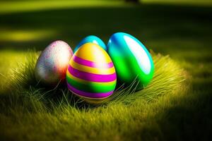 Colorful easter eggs on green grass background. Happy Easter concept. photo