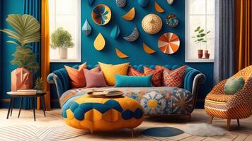 Interior of a children's room with a blue sofa 3D illustration. photo