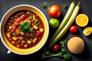 Bean soup with vegetables and meat in a bowl on a black background. photo