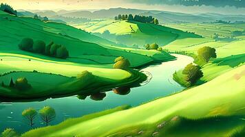 Beautiful summer landscape with green hills and river. photo