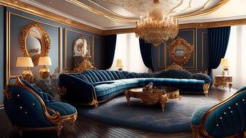 Luxury royal bedroom interior with golden walls, luxurious gold furniture and drapery. photo