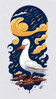 Hand drawn vector illustration of a seagull on the lake. photo