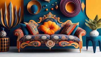 Vintage sofa in blue and orange interior. photo