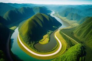 Aerial view of a winding road in the mountains. 3d rendering. photo