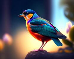 3d render of a colorful bird on a background of nature. photo