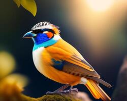 3d render of a colorful bird on a background of nature. photo