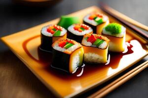 Japanese Cuisine - Maki Sushi with Rice and Vegetables. photo