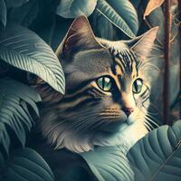 Cute cat with green eyes in the jungle. Vintage style. 3d render. . photo