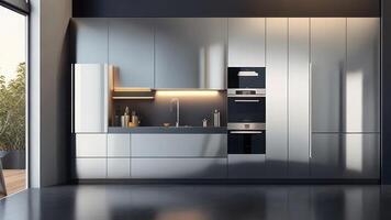 Interior of modern kitchen with gray walls, concrete floor, gray cupboards and white countertops. 3d rendering photo