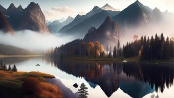 Mountain landscape with lake. Sunset. 3d render illustration. photo