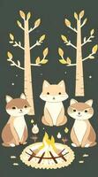 Vector illustration of a family of foxes on a campfire. photo