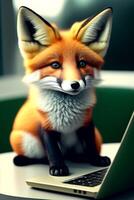 Cute fox sitting on the table with laptop. 3d illustration. photo