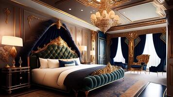 3d representación lujo dormitorio suite en real estilo con oro y azul decoración. ai generado foto