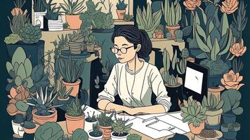 vector ilustración de un mujer trabajando en el hogar oficina con plantas. ai generado foto