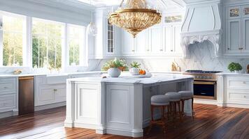 3d render of white modern kitchen in classic style with wooden floor. photo