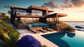 3D rendering of a modern villa on the beach at sunset. photo