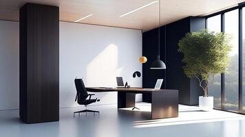Interior of modern office with black and white walls, concrete floor, panoramic window and long wooden table with computer. ai generated photo