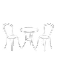 Sketch of hand drawn outline table and two chairs isolated on white, cafe, restaurant vector