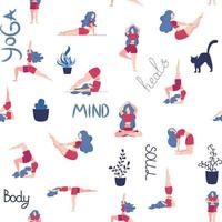 Yoga seamless pattern woman is engaged. Yoga poses, lotus, monstera. Health of mind and body vector