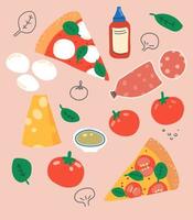 Vector pizza illustration. Ingredients for pizza margherita with mozzarella and pepperoni