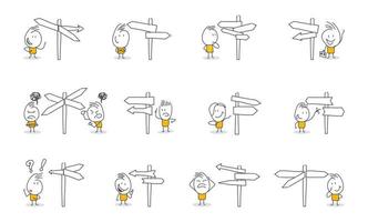 Stick figures. Arrow Steering Post. Hand drawn doodle line art cartoon design character. vector