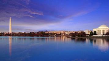 Thomas Jefferson memorial and Washington monument time lapse video on twilight at Tidal basin, Washington D.C. USA.