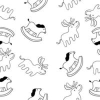Cartoon Christmas Horse and Deer Toys in outline doodle style isolated on white background. Vector seamless pattern.