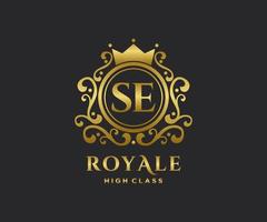 Golden Letter SE template logo Luxury gold letter with crown. Monogram alphabet . Beautiful royal initials letter. vector