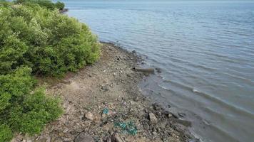 Aerial mover over rubbish polluted coastal video