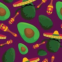 Vector seamless pattern of various Mexican-themed objects musical instruments, sombrero hats, vegetables. Background, wallpaper, textile or paper print.