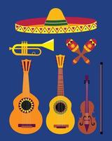 Vector illustration of cartoon style mariachi instruments and a sombrero hat on blue background.  Poster, print, greeting card etc.