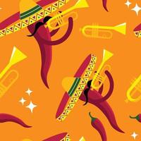 Vector seamless pattern of various Mexican-themed objects musical instruments, sombrero hats, vegetables. Background, wallpaper, textile or paper print.