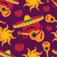 Vector seamless pattern of various Mexican-themed objects musical instruments, sombrero hats, vegetables. Background, wallpaper, textile or paper print.