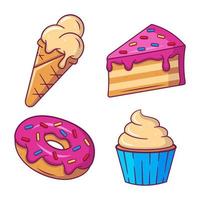 Collection of sweet tasty desserts and bakery products. Set include donut, piece of cake, ice cream and cupcake. Vector illustration in flat cartoon style.