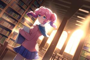 cute pinkish hair anime schoolgirl in school, AI Generated photo