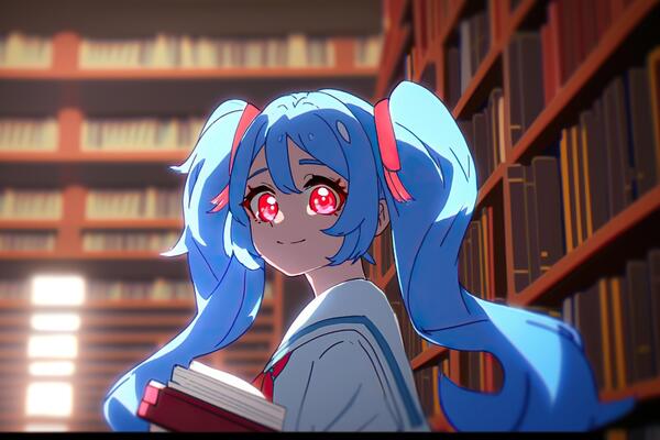 dark anime girl with blue hairs in library, AI Generated 23006684