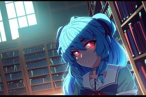 oscuro anime niña con azul pelos en biblioteca, ai generado foto