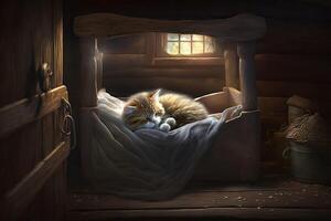 cute little cat on a little wooden bed, photo
