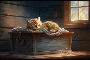 cute little cat on a little wooden box, photo