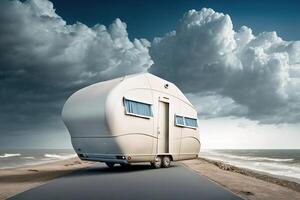 Future caravan in desert highway, photo