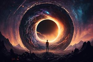illustration of a massive black hole with a little child in front of it, photo